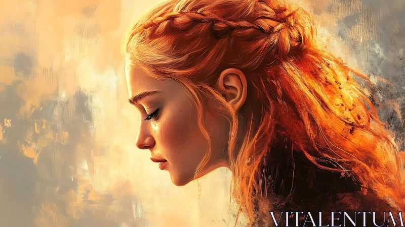 Ember-haired daydreamer in quiet, golden-breath stillness.