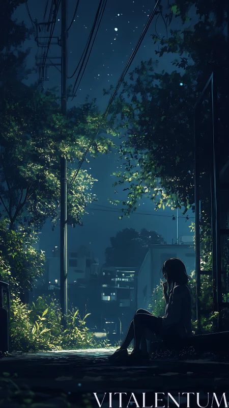 Girl sitting alone in quiet starry urban alleyway at night.