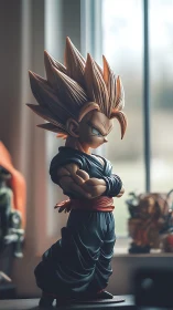 Super Saiyan anime figure stands posed by soft window light