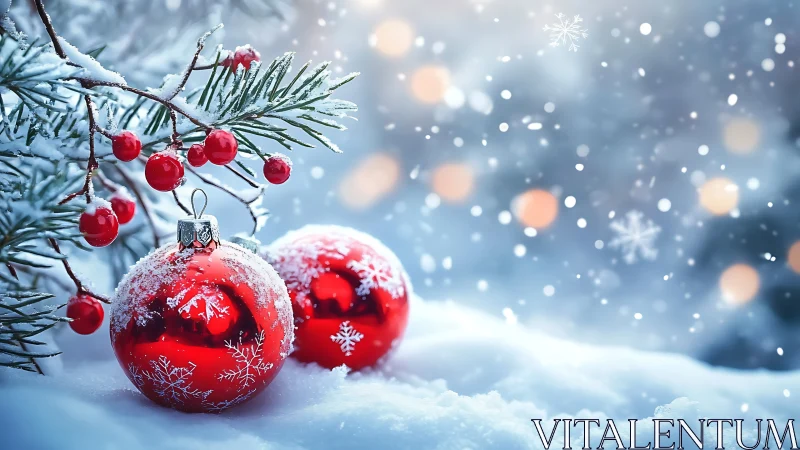 Red glass ornaments on snowy branch in winter landscape.