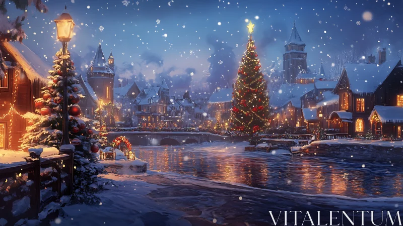 Snowlit riverside village wrapped in glowing Christmas hush.
