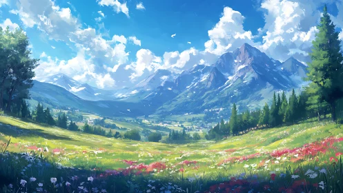 Sunlit alpine meadow opens toward bright, cloud-crowned peaks