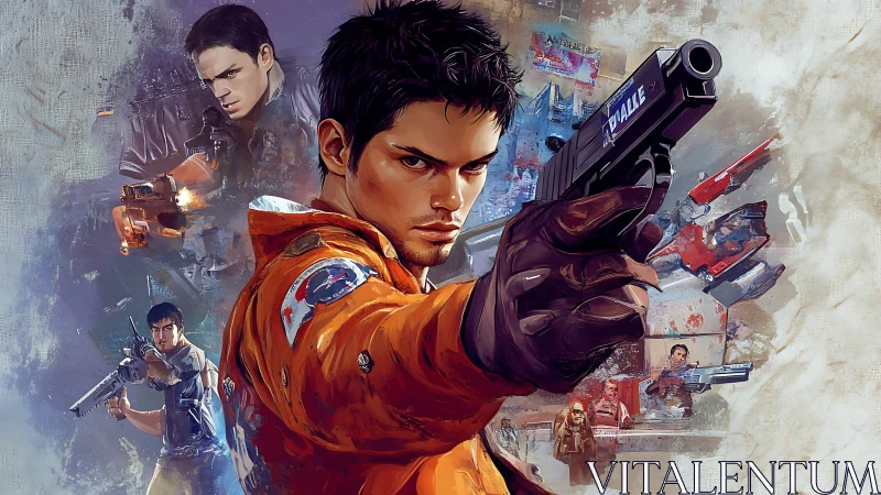 Gun-wielding hero confronts danger in dynamic painted collage