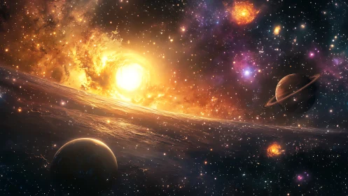 Space scene shows glowing star, ringed planet and dark world