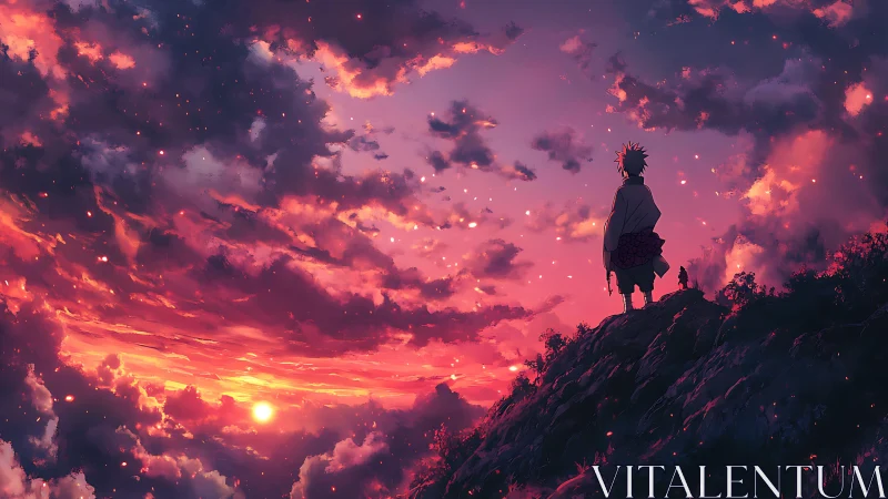 Anime twilight vista with silhouetted figure on ridge line.