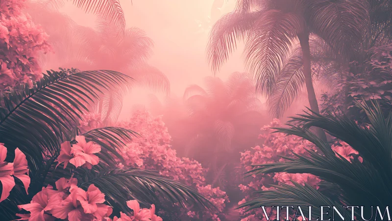 Cotton candy jungle dawn with blushing palms and blooms.