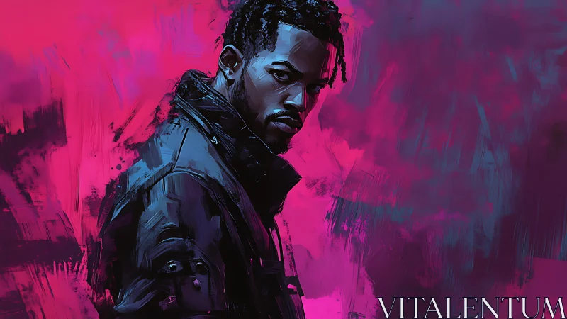 Moody portrait in neon magenta and cyan brush textures.