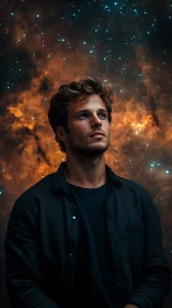 Male figure in dark clothing before star-filled nebula backdrop.