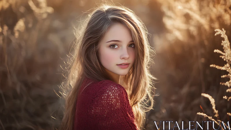 Sunlit portrait in golden field with soft autumn glow.