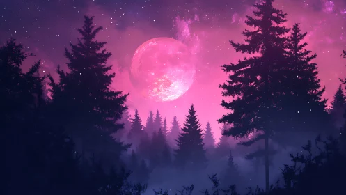 Pink full moon above silhouetted conifer forest at night.