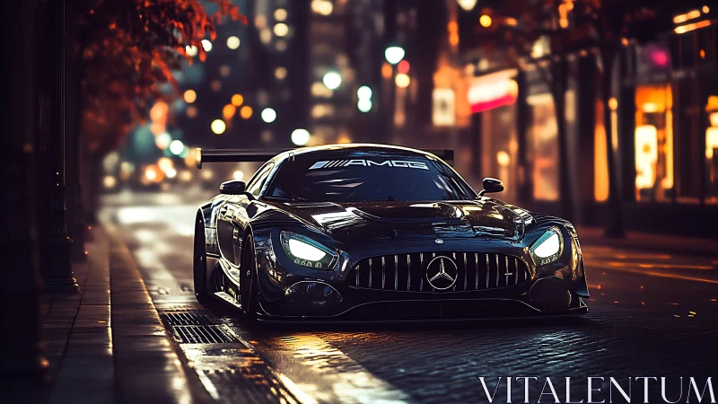 Rendering shows low-angle view of Mercedes AMG on wet street