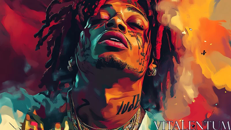 Vivid rap portrait amid blazing abstract color fields.