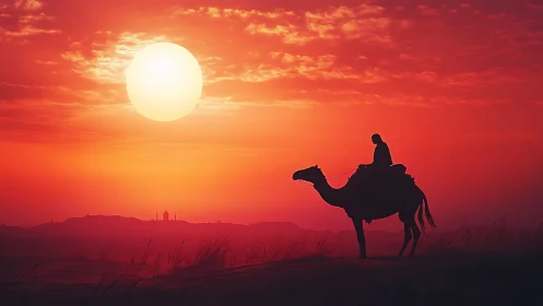 Silhouette of camel rider crosses desert beneath blazing sun