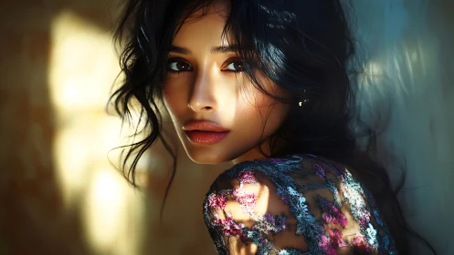 Dramatic portrait with lace shadows and cinematic backlight.