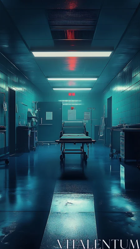 Quiet hospital corridor glows with cool light and deep suspense