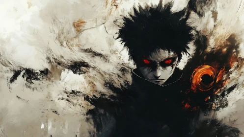 Dark anime sorcerer with fiery vortex and red eyes.