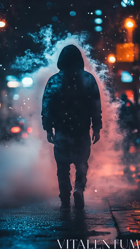 Backlit hooded figure in bokeh-saturated neon street fogscape.