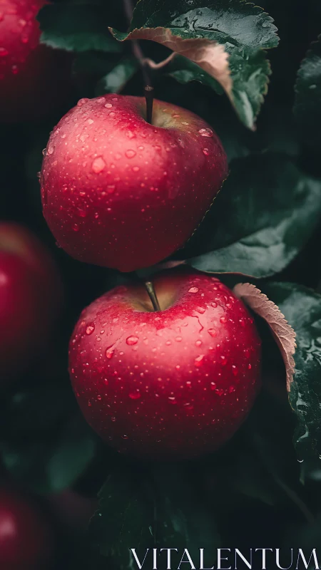 Rain-kissed orchard twins quietly glow in the shadowed leaves