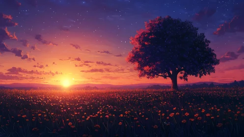 Sunset over wildflower field with solitary tree under sky.