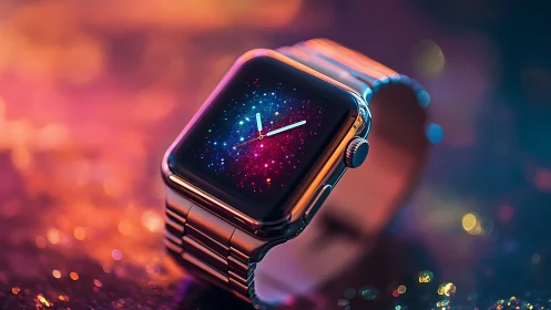 Smartwatch with cosmic galaxy dial on neon bokeh background.