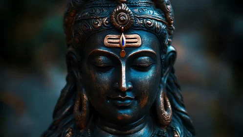 Bronze Hindu deity statue close-up with soft moody light.