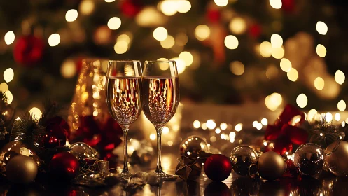 Holiday champagne flutes glow amid warm bokeh lights.