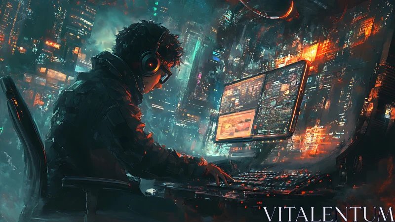 Neon-soaked cyber hacker weaving code through city lights.