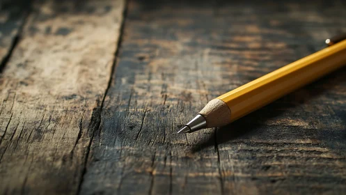 Yellow mechanical pencil rests on worn wooden surface.