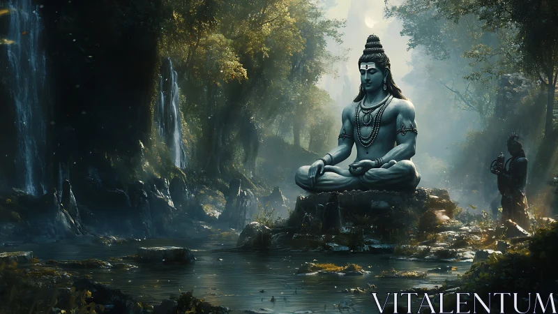 Serene stone deity in a misty forest sanctuary by water.