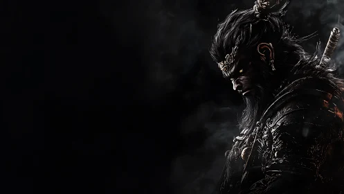 Mythic simian warrior in ornate armor against deep black void