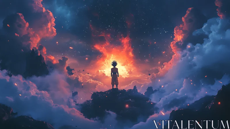 Fiery skied hero quietly greets a glowing cosmic horizon