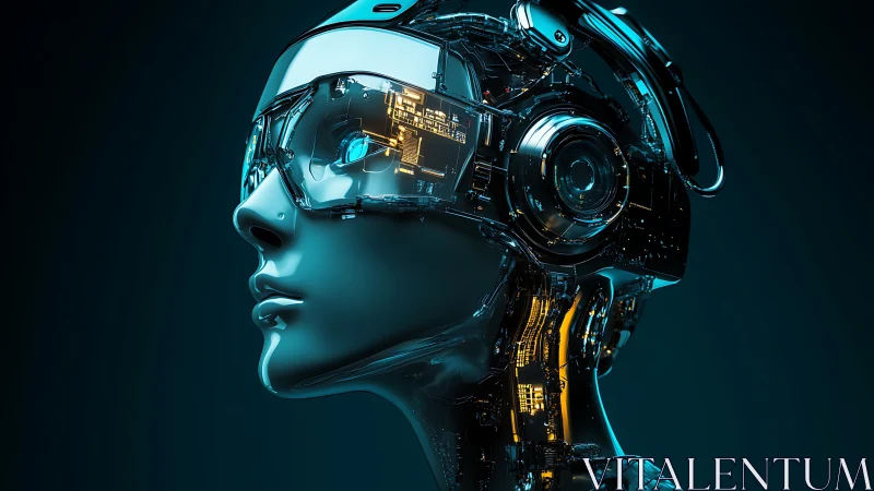 Side-profile cybernetic android head with transparent visor circuitry