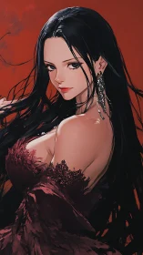 Velvet-gowned enchantress with flowing raven hair poised.