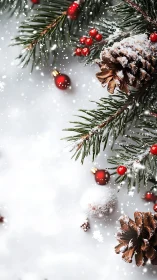 Snow-kissed pinecones and crimson berries in winter hush.