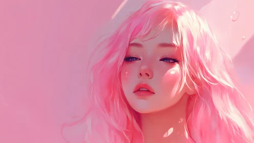 Soft pink-haired portrait under gentle pastel light.