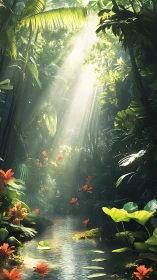 Sunlit jungle stream cuts through dense tropical foliage