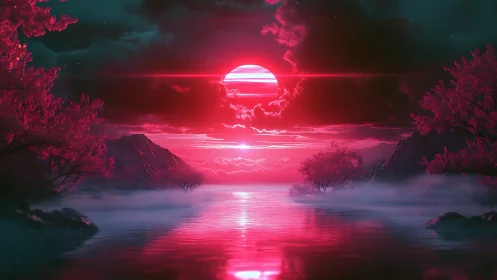 Crimson alien sunset bathes a misty lake in glowing light