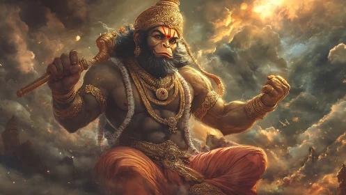 Mythic simian warrior in storm-forged digital luminance.