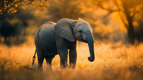 Golden-hour baby elephant in glowing savanna grassland.