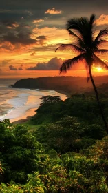 Tropical coastline at golden sunset with silhouetted palm.