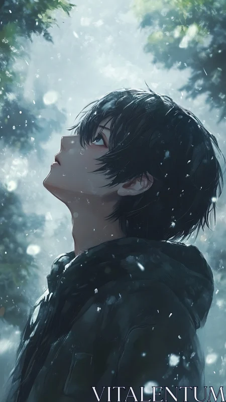 Snowlit profile of contemplative youth beneath winter canopy.