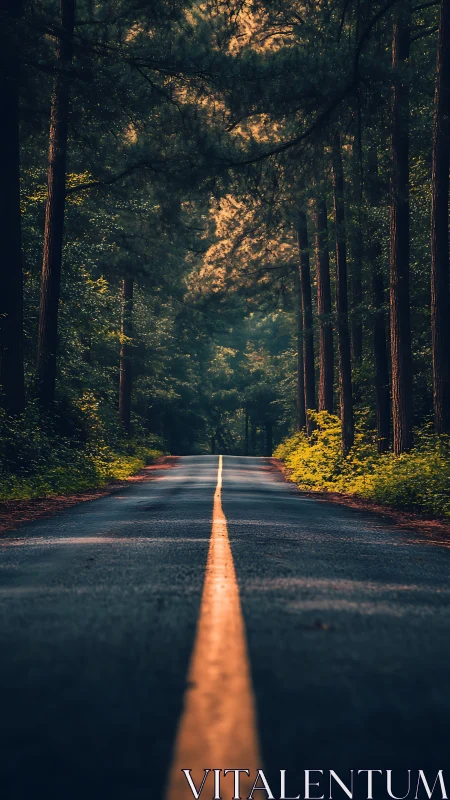 Sunlit Forest Road Through Dense Woodland Canopy