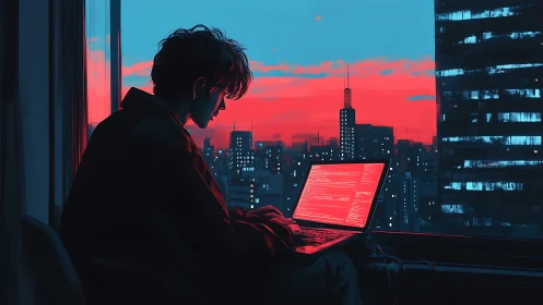 Solitary programmer at dusk over neon city skyline.