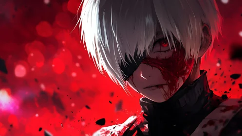 White haired anime character stares forward with bloodied face
