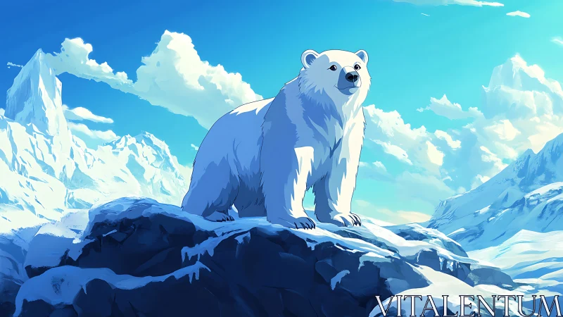 Polar bear stands over sunlit ice cliffs in arctic landscape.