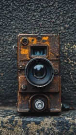 Weathered vintage camera stands against gritty urban stone