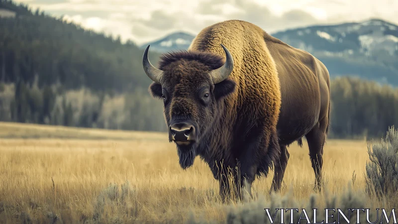 Massive bison standing in open golden grassland plains.