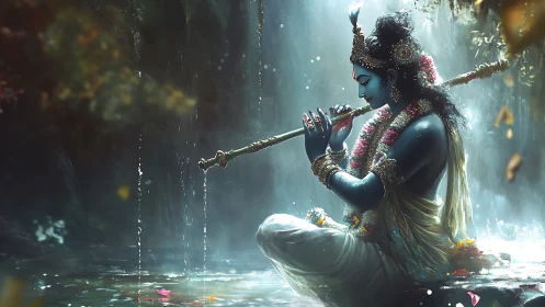 Blue-skinned figure plays flute beside waterfall pool