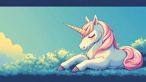 Pastel unicorn resting on grass in soft morning light.