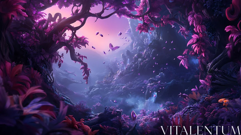 Bioluminescent purple forest valley with dense foliage.